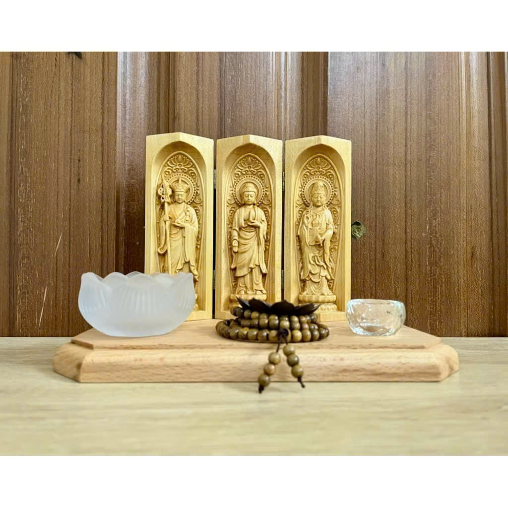 Combo Liên Hoa Tâm Phật gồm đôn gỗ Beech, Bộ tượng  Địa Tạng Bồ Tát - Phật Dược Sư - Quan Âm Bồ Tát cao 15cm, gỗ Bồ đề