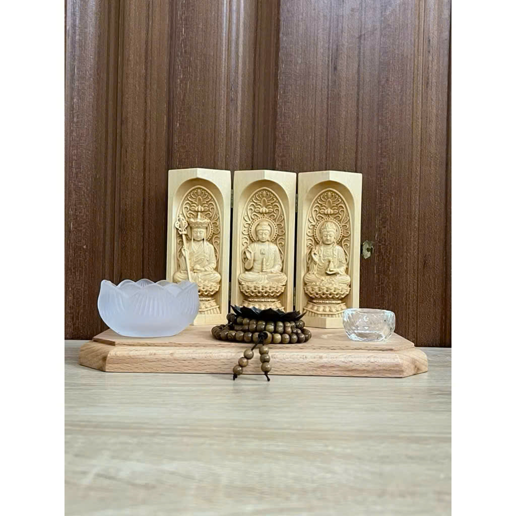 Combo Liên Hoa Tâm Phật gồm đôn gỗ Beech, Bộ tượng  Địa Tạng Bồ Tát - Phật Dược Sư - Quan Âm Bồ Tát, cao 13cm, gỗ bồ đề