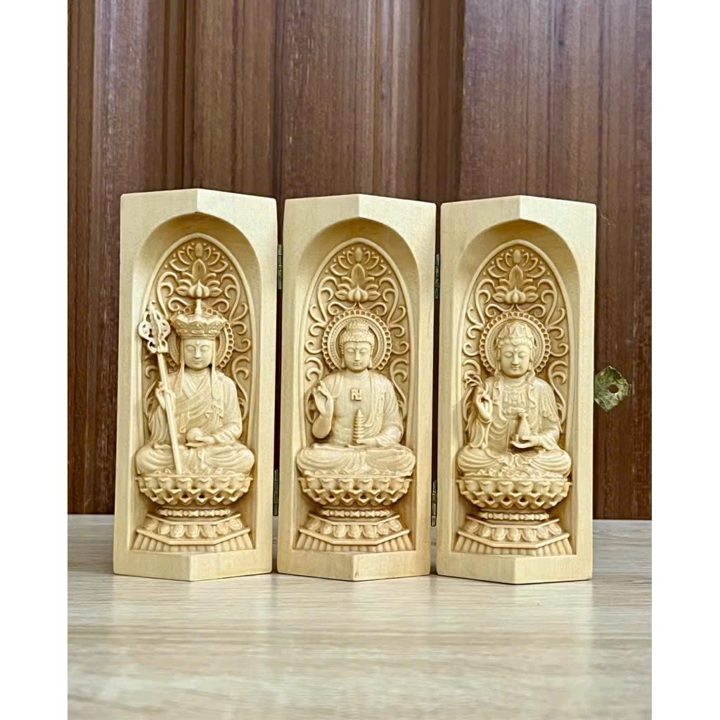 Combo Liên Hoa Tâm Phật gồm đôn gỗ Beech, Bộ tượng  Địa Tạng Bồ Tát - Phật Dược Sư - Quan Âm Bồ Tát, cao 13cm, gỗ bồ đề