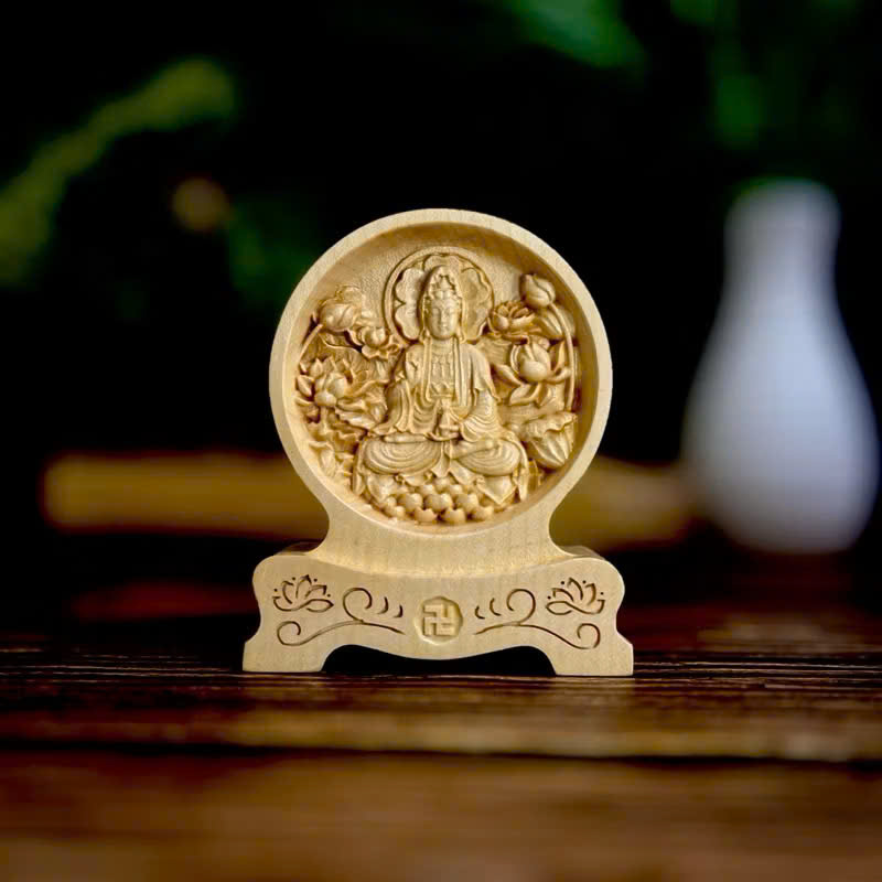 Tượng Quan Âm Bồ Tát( mẫu hoa sen) chạm 2 mặt giống nhau để ô tô, cao 12cm, gỗ Maple