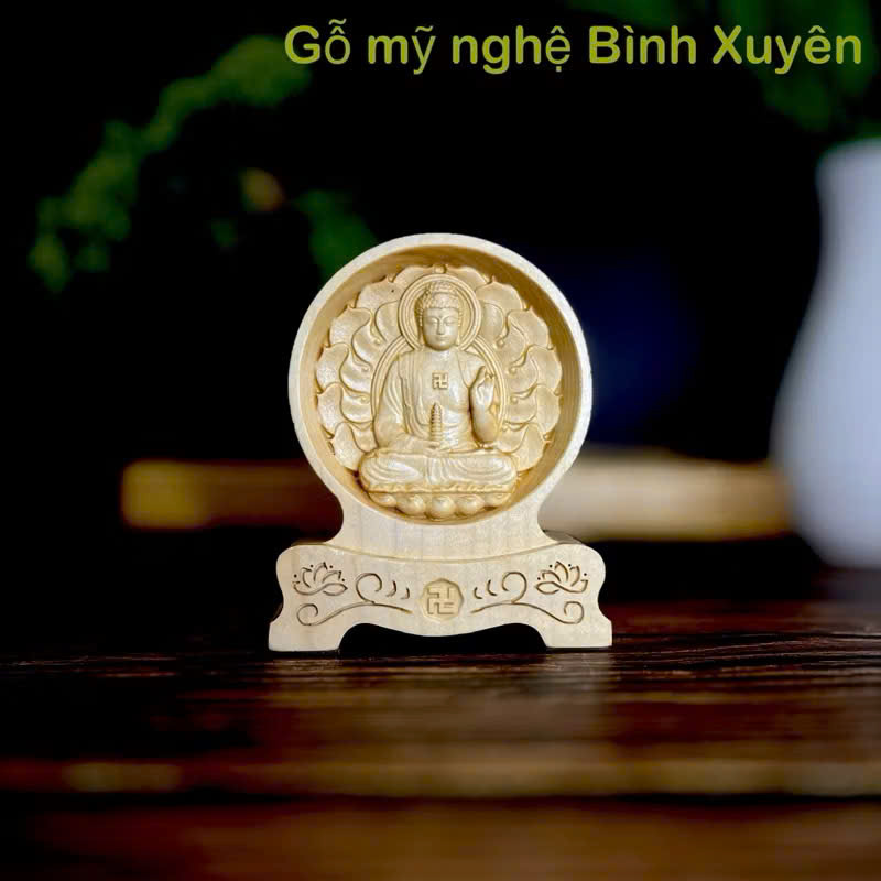 Tượng Phật Dược Sư chạm 2 mặt giống nhau để ô tô, cao 12cm, gỗ Maple