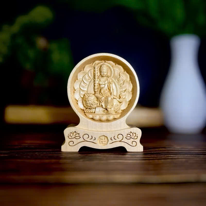 Tượng Văn Thù Bồ Tát - Bản mệnh cho người tuổi Mẹo, chạm 2 mặt giống nhau để ô tô, cao 12cm, gỗ Maple, để bàn.