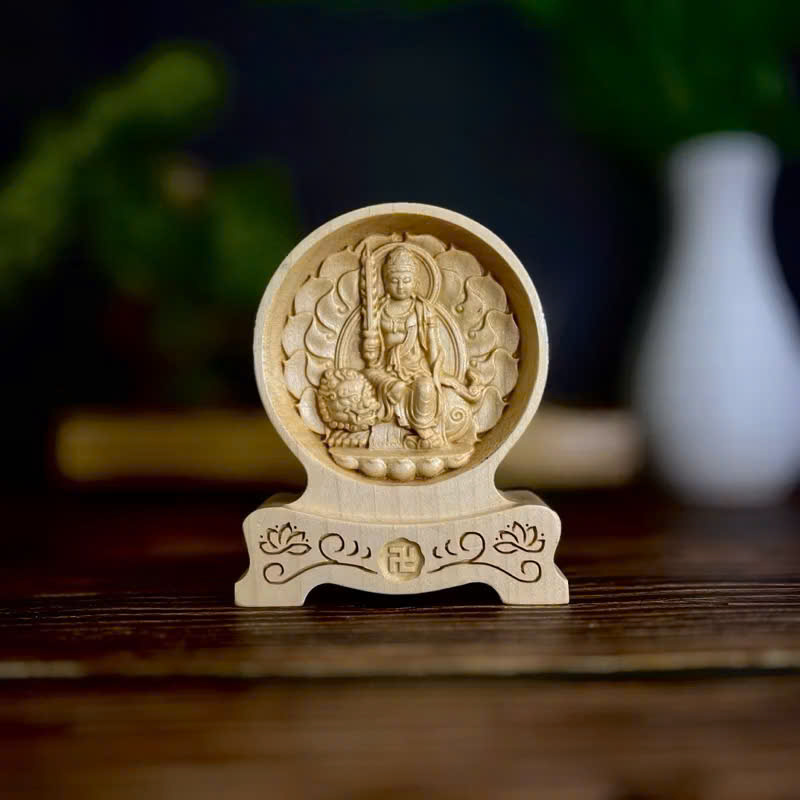 Tượng Văn Thù Bồ Tát - Bản mệnh cho người tuổi Mẹo, chạm 2 mặt giống nhau để ô tô, cao 12cm, gỗ Maple, để bàn.