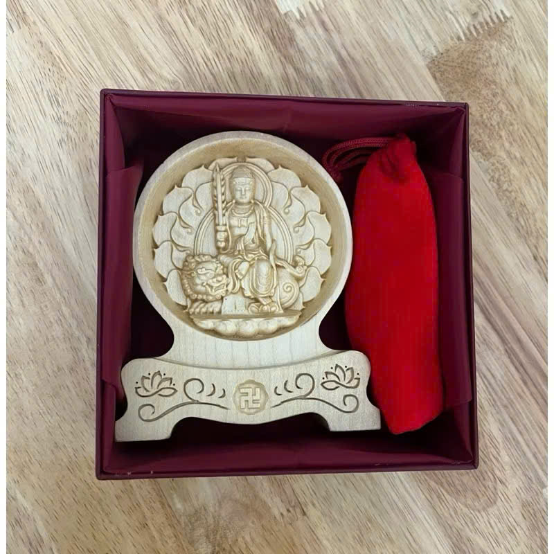 Tượng Văn Thù Bồ Tát - Bản mệnh cho người tuổi Mẹo, chạm 2 mặt giống nhau để ô tô, cao 12cm, gỗ Maple, để bàn.