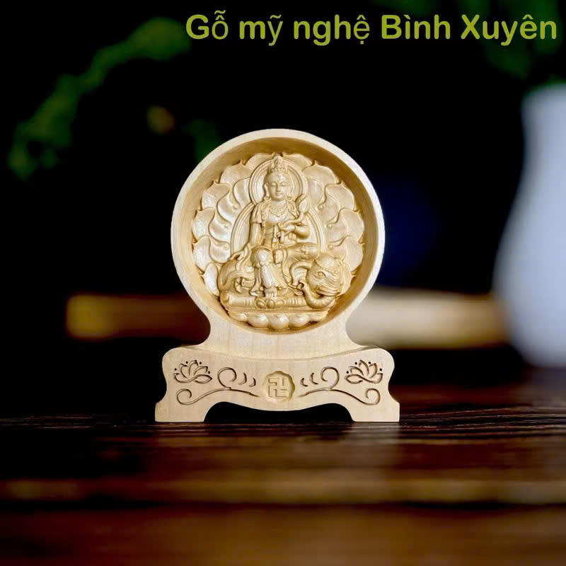 Tượng Phổ Hiền Bồ Tát - Bản mệnh cho người tuổi Thìn, Tỵ chạm 2 mặt giống nhau để ô tô, cao 12cm, gỗ Maple