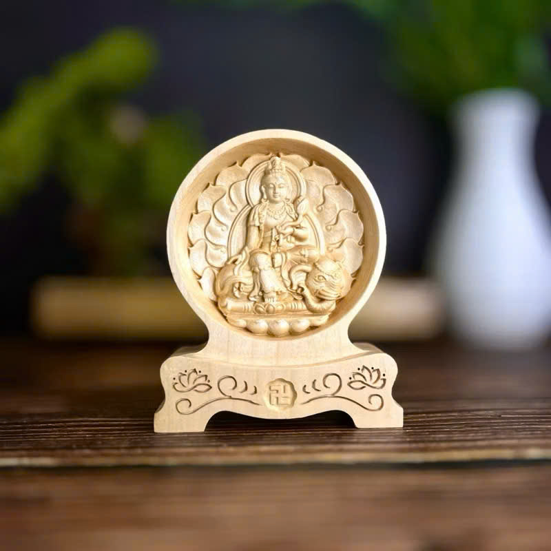 Tượng Phổ Hiền Bồ Tát - Bản mệnh cho người tuổi Thìn, Tỵ chạm 2 mặt giống nhau để ô tô, cao 12cm, gỗ Maple