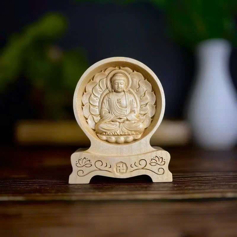 Tượng Phật A Di Đà - Bản mệnh cho người tuổi Tuất, Hợi, chạm 2 mặt giống nhau để ô tô, cao 12cm, gỗ Maple