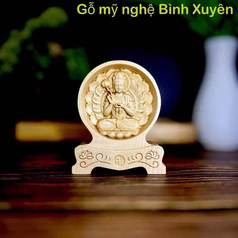 Tượng Đại Thế Chí Bồ Tát - bản mệnh cho người tuổi Ngọ, cao 12cm,  chạm 2 mặt giống nhau để ô tô, gỗ Maple,