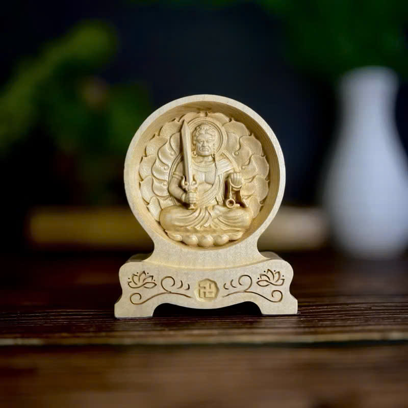 Tượng Bất Động Minh Vương - Bản mệnh cho người tuổi Dậu, cao 12cm, chạm 2 mặt giống nhau để ô tô, gỗ Maple