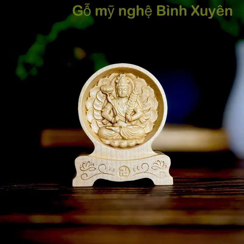 Tượng Hư Không Tạng Bồ Tát - bản mệnh cho người tuổi Sửu, Dần, cao 12cm, gỗ Maple, chạm 2 mặt giống nhau để ô tô