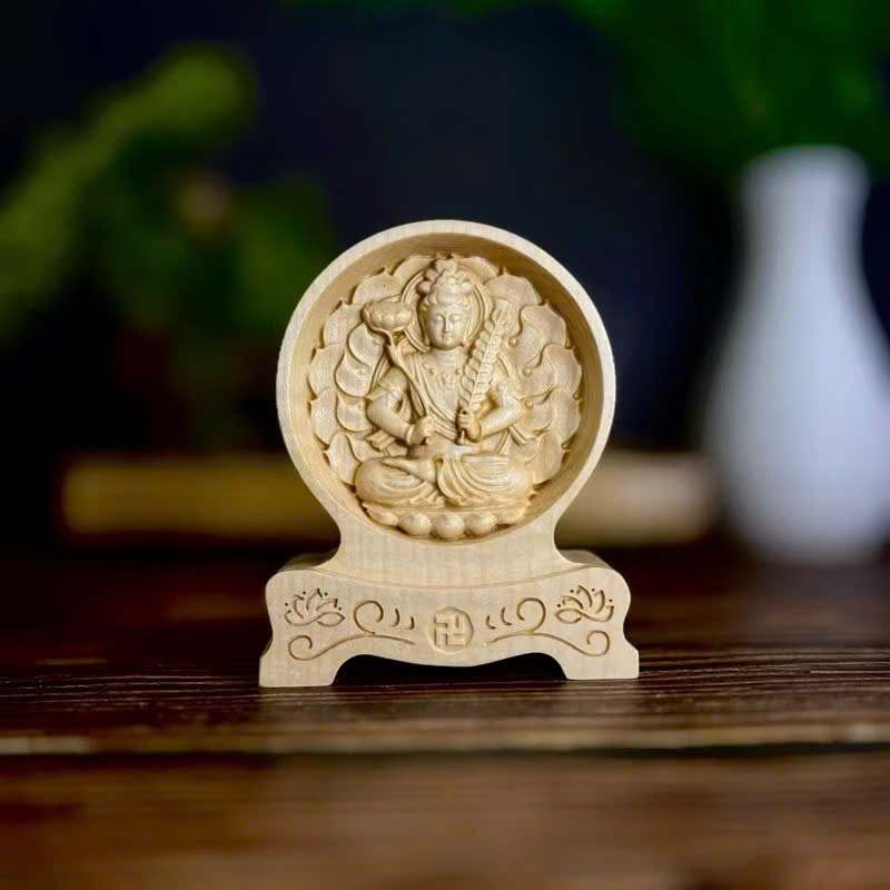Tượng Hư Không Tạng Bồ Tát - bản mệnh cho người tuổi Sửu, Dần, cao 12cm, gỗ Maple, chạm 2 mặt giống nhau để ô tô