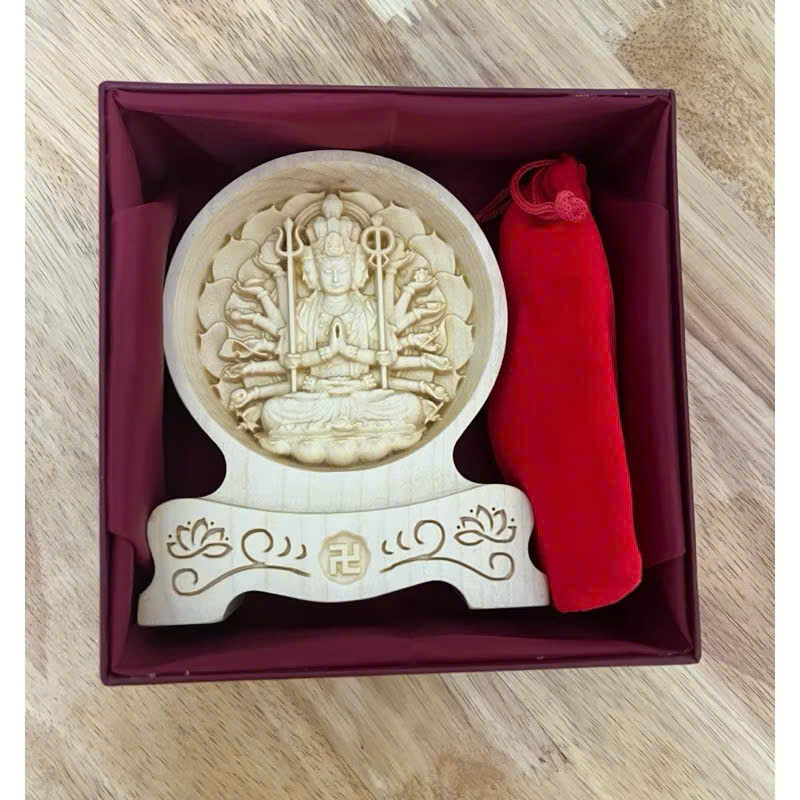 Tượng Thiên Thủ Thiên Nhãn Bồ  Tát - bản mệnh cho người tuổi Tý, cao 12cm, gỗ Maple, chạm 2 mặt giống nhau để ô tô