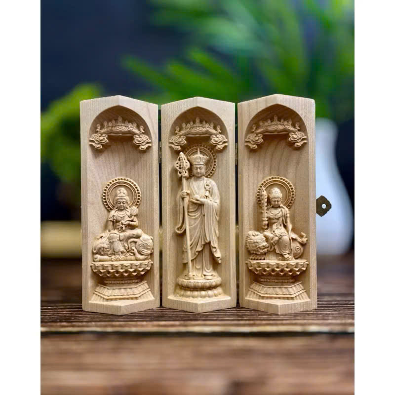 BỘ TƯỢNG PHỔ HIỀN BỒ TÁT- ĐỊA TẠNG BỒ TÁT-VĂN THÙ BỒ TÁT, CAO 15CM, GỖ MAPLE