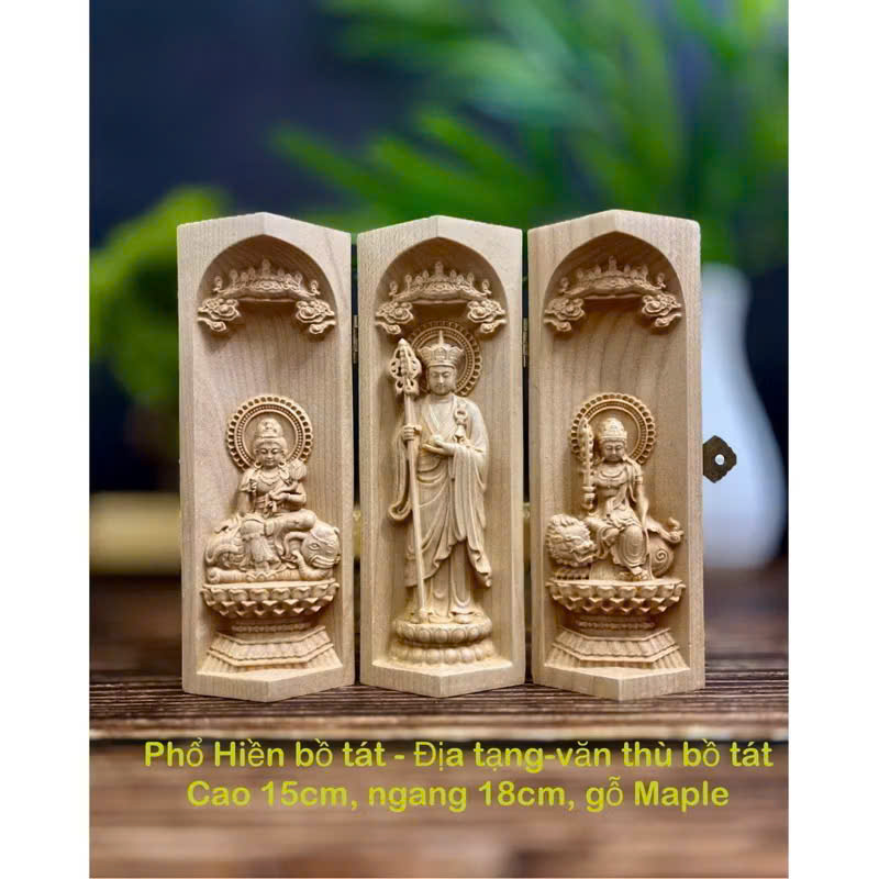 BỘ TƯỢNG PHỔ HIỀN BỒ TÁT- ĐỊA TẠNG BỒ TÁT-VĂN THÙ BỒ TÁT, CAO 15CM, GỖ MAPLE