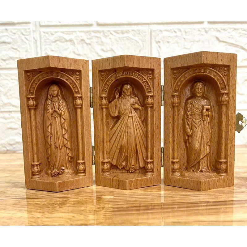 Bộ bàn thờ công giáo mini Đức mẹ Lộ Đức - Chúa Thương Xót-Thánh Giuse, cao 10cm, gỗ Beech