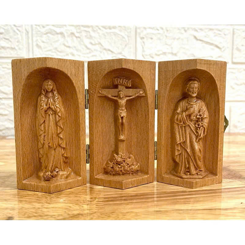 Bộ bàn thờ công giáo mini Đức mẹ Lộ Đức - Chúa Chịu Nạn -Thánh Giuse, cao 10cm, gỗ Beech