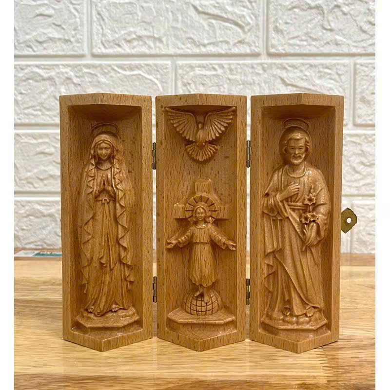 Bộ bàn thờ công giáo mini Thánh gia thất - Đức mẹ Lộ Đức cao 15cm, gỗ Beech