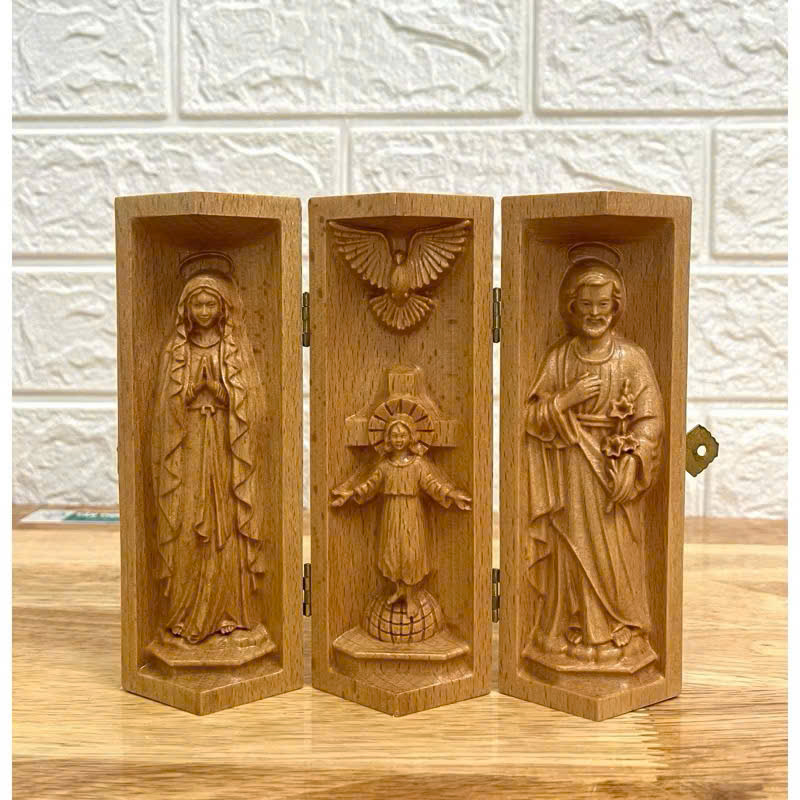 Bộ bàn thờ công giáo mini Thánh gia thất - Đức mẹ Lộ Đức cao 15cm, gỗ Beech