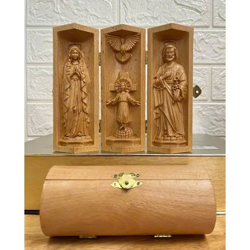 Bộ bàn thờ công giáo mini Thánh gia thất - Đức mẹ Lộ Đức cao 15cm, gỗ Beech