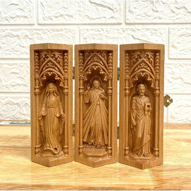 Bộ bàn thờ công giáo mini Đức mẹ Ban Ơn - Chúa Thương Xót -Thánh Giuse, cao 15cm, gỗ Beech