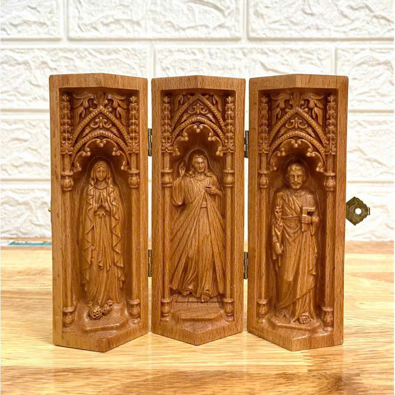 Bộ bàn thờ công giáo mini Đức mẹ Lộ Đức - Chúa Thương Xót -Thánh Giuse, cao 15cm, gỗ Beech
