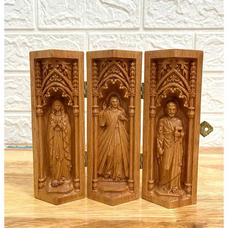 Bộ bàn thờ công giáo mini Đức mẹ Lộ Đức - Chúa Thương Xót -Thánh Giuse, cao 15cm, gỗ Beech