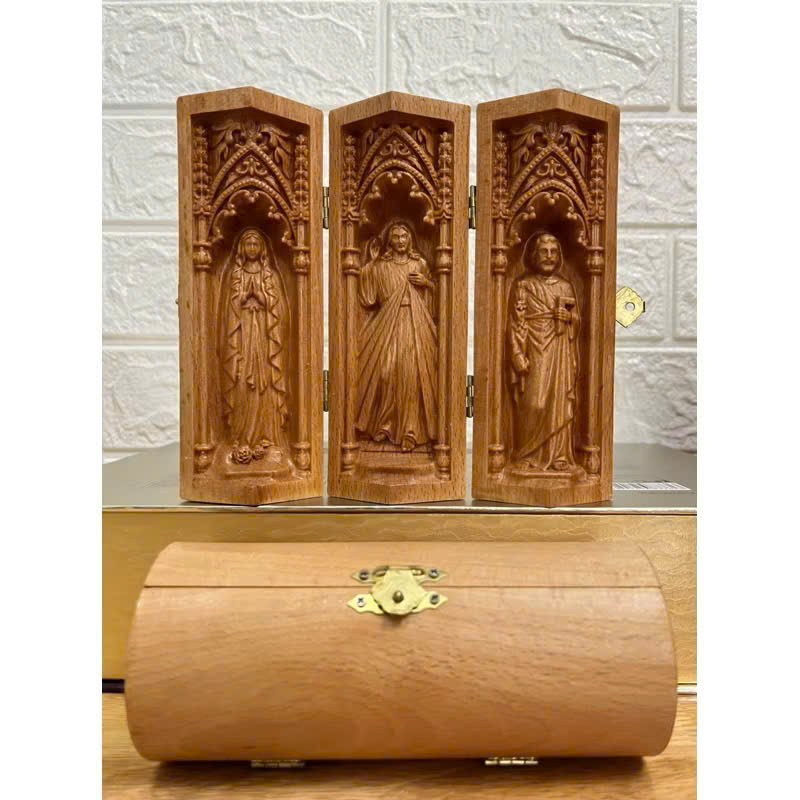 Bộ bàn thờ công giáo mini Đức mẹ Lộ Đức - Chúa Thương Xót -Thánh Giuse, cao 15cm, gỗ Beech