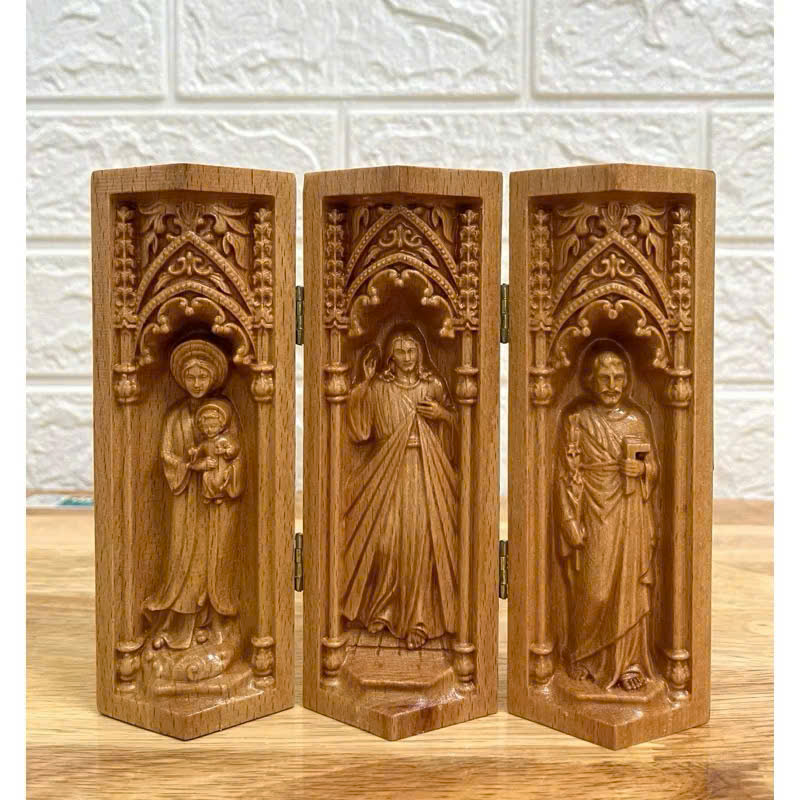 Bộ bàn thờ công giáo mini Đức mẹ La Vang - Chúa Thương Xót -Thánh Giuse, cao 15cm, gỗ Beech