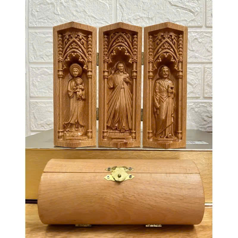 Bộ bàn thờ công giáo mini Đức mẹ La Vang - Chúa Thương Xót -Thánh Giuse, cao 15cm, gỗ Beech