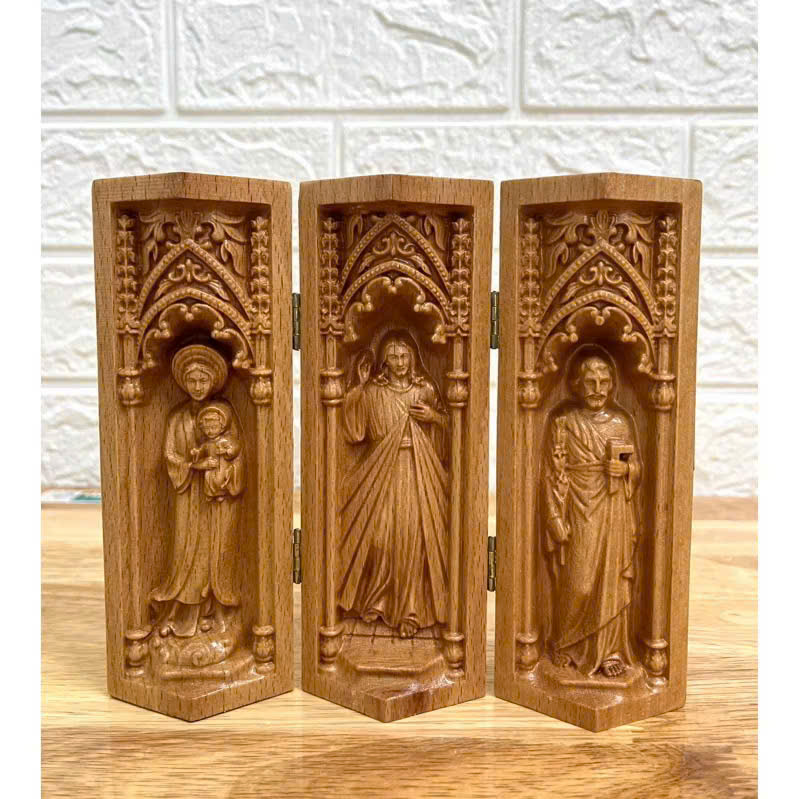 Bộ bàn thờ công giáo mini Đức mẹ La Vang - Chúa Thương Xót -Thánh Giuse, cao 15cm, gỗ Beech