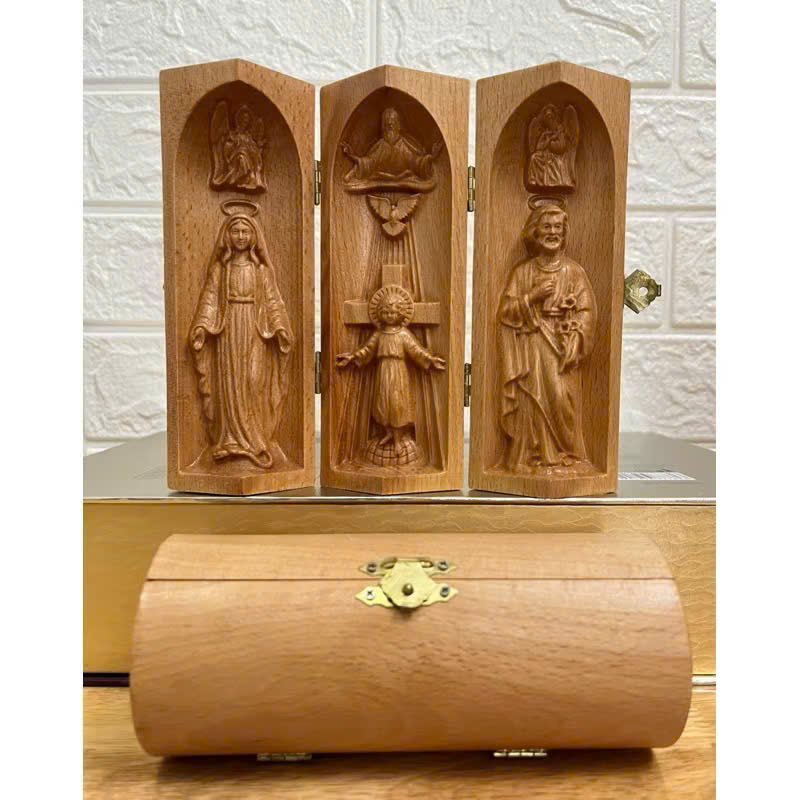 Bộ bàn thờ công giáo mini Chúa 3 Ngôi - Đức mẹ Ban Ơn, cao 15cm, gỗ Beech