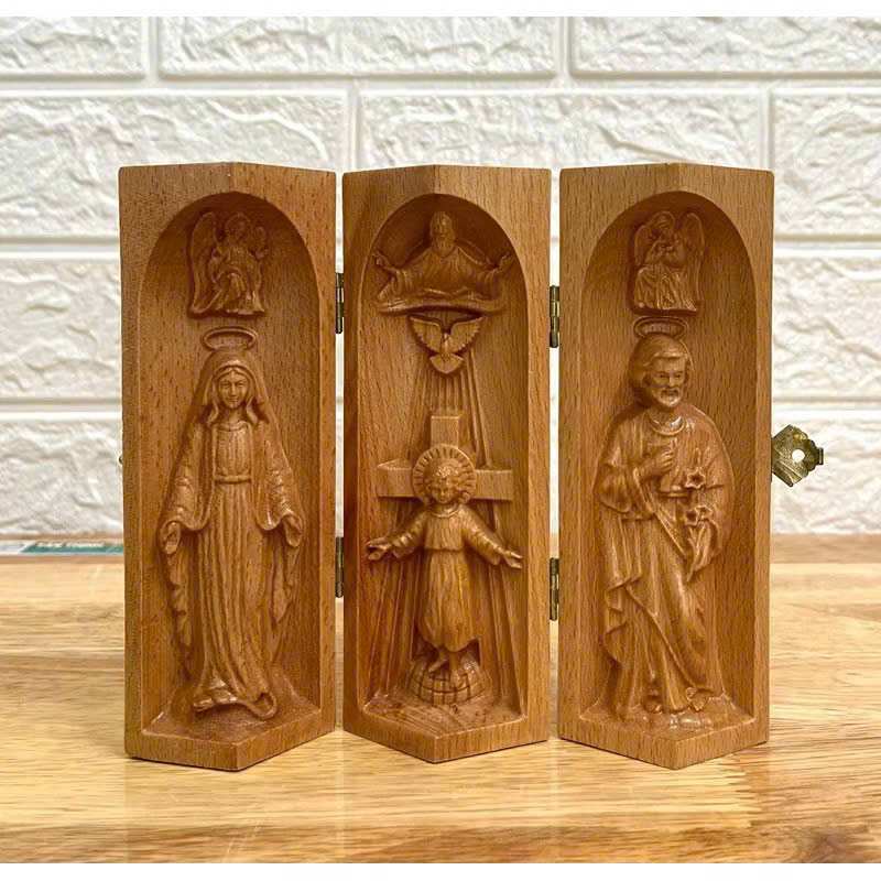 Bộ bàn thờ công giáo mini Chúa 3 Ngôi - Đức mẹ Ban Ơn, cao 15cm, gỗ Beech