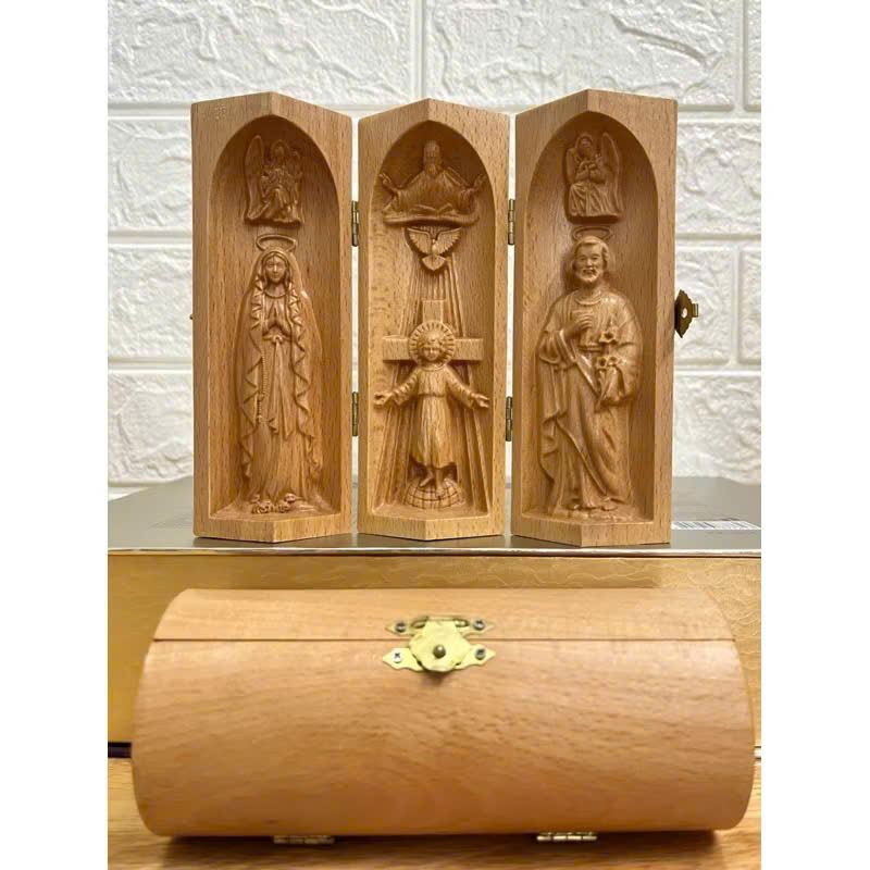 Bộ bàn thờ công giáo mini Chúa 3 Ngôi - Đức mẹ Lộ Đức, cao 15cm, gỗ Beech