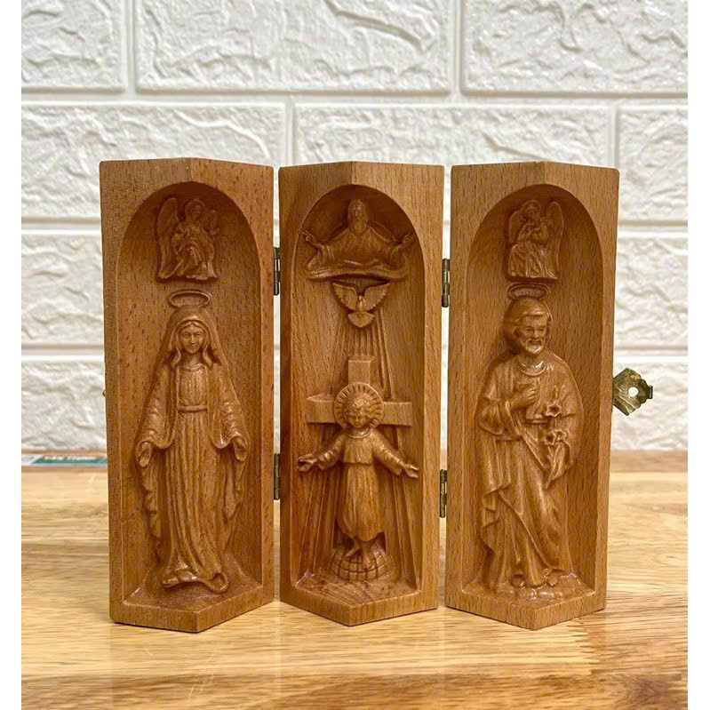 Bộ bàn thờ công giáo mini Chúa 3 Ngôi - Đức mẹ Ban Ơn, cao 15cm, gỗ Beech
