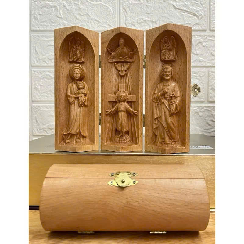 Bộ bàn thờ công giáo mini Chúa 3 Ngôi - Đức mẹ La Vang, cao 15cm, gỗ Beech