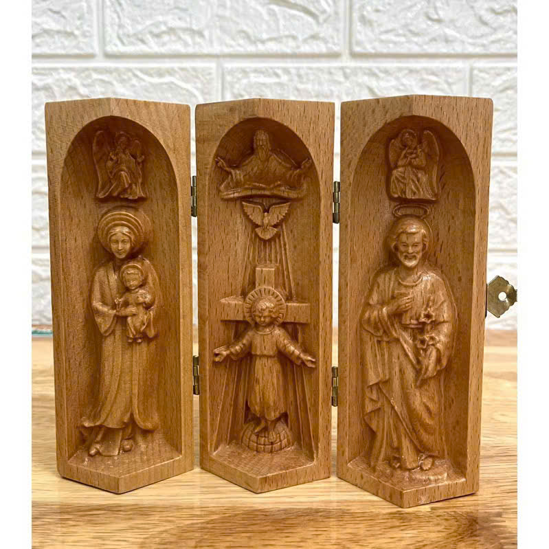 Bộ bàn thờ công giáo mini Chúa 3 Ngôi - Đức mẹ La Vang, cao 15cm, gỗ Beech