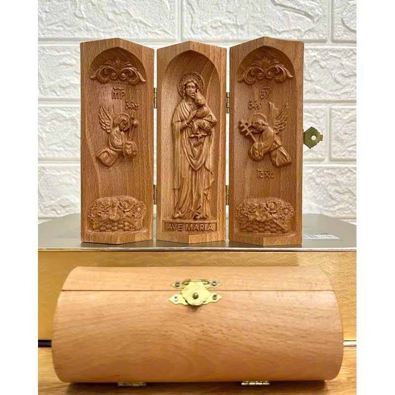 Bộ bàn thờ công giáo mini Đức mẹ Hằng Cứu Giúp và 2 Thiên Thần, cao 15cm, gỗ Beech