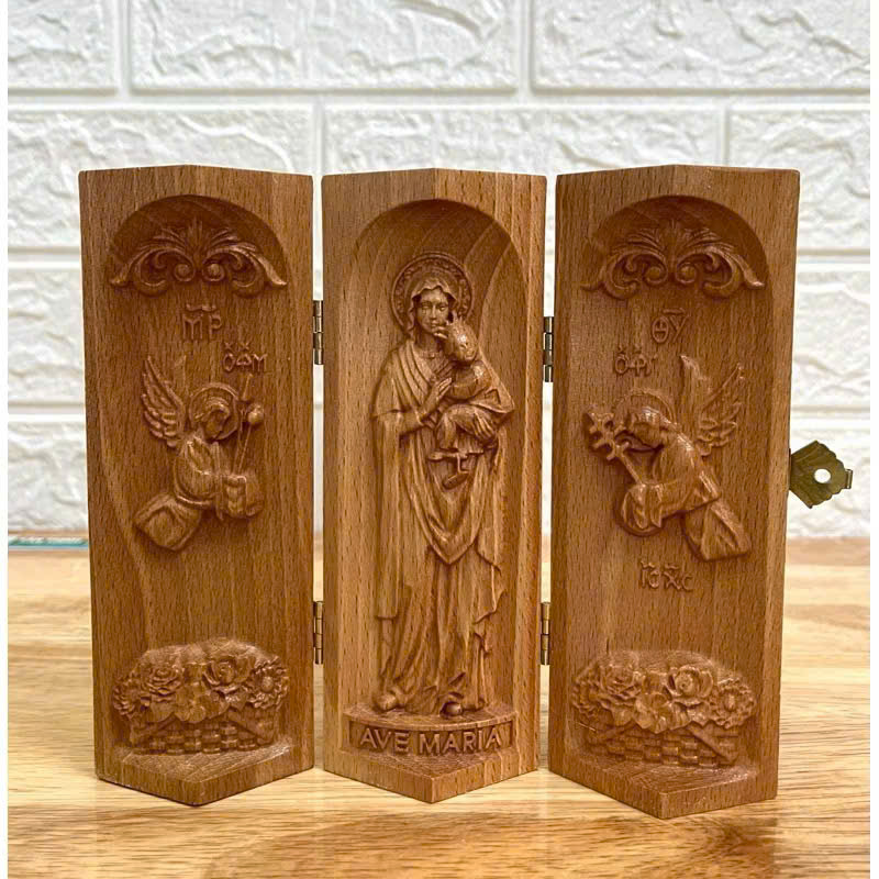 Bộ bàn thờ công giáo mini Đức mẹ Hằng Cứu Giúp và 2 Thiên Thần, cao 15cm, gỗ Beech