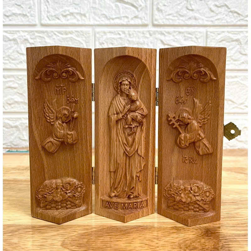 Bộ bàn thờ công giáo mini Đức mẹ Hằng Cứu Giúp và 2 Thiên Thần, cao 15cm, gỗ Beech
