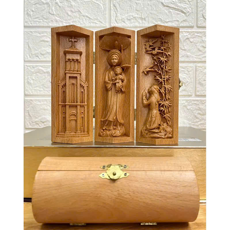 Bộ bàn thờ công giáo mini Nhà Thờ - Đức mẹ La Vang - Cầu nguyện, cao 15cm, gỗ Beech