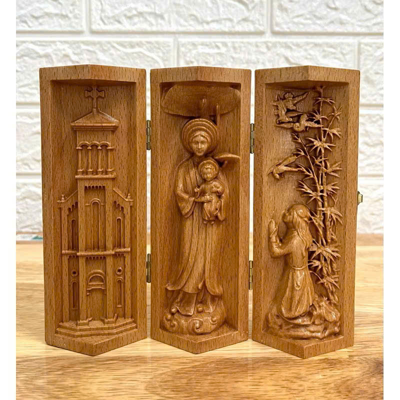 Bộ bàn thờ công giáo mini Nhà Thờ - Đức mẹ La Vang - Cầu nguyện, cao 15cm, gỗ Beech