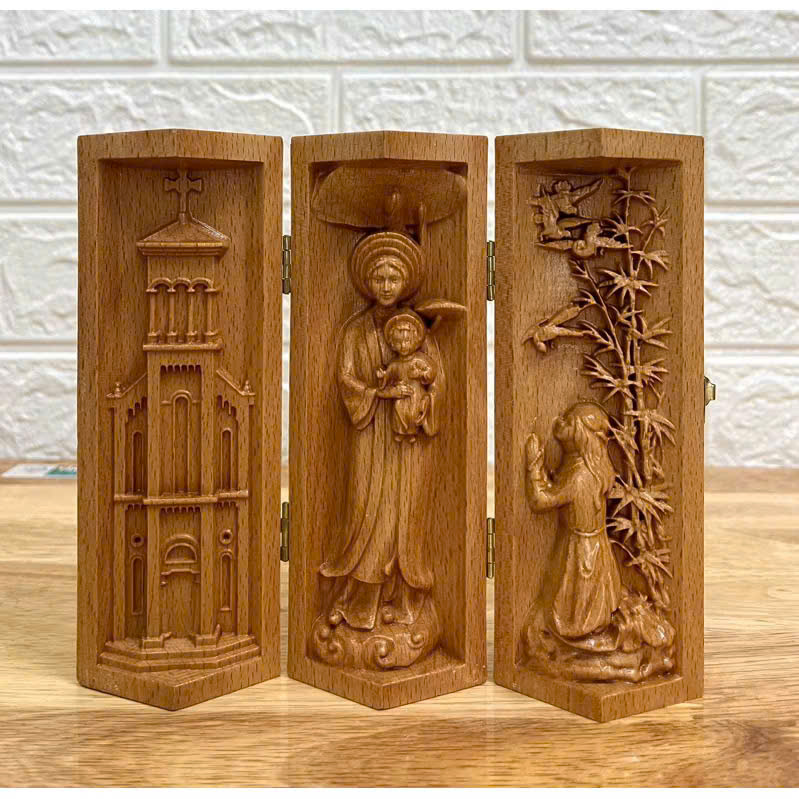 Bộ bàn thờ công giáo mini Nhà Thờ - Đức mẹ La Vang - Cầu nguyện, cao 15cm, gỗ Beech