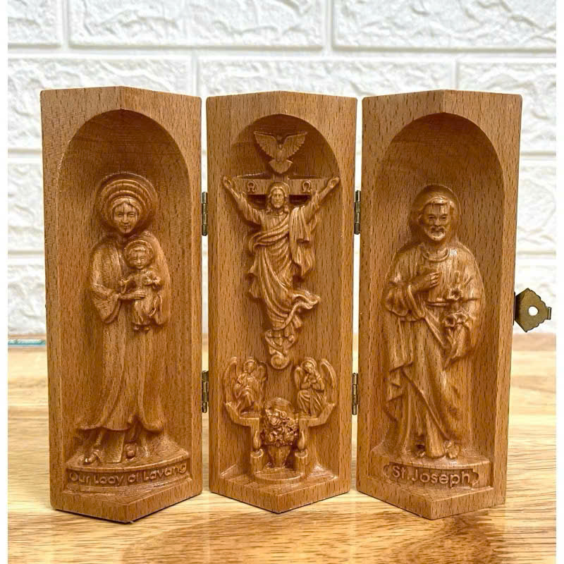 Bộ bàn thờ công giáo mini Đức mẹ La Vang - Chúa Phục Sinh - Thánh Giuse, cao 15cm, gỗ Beech