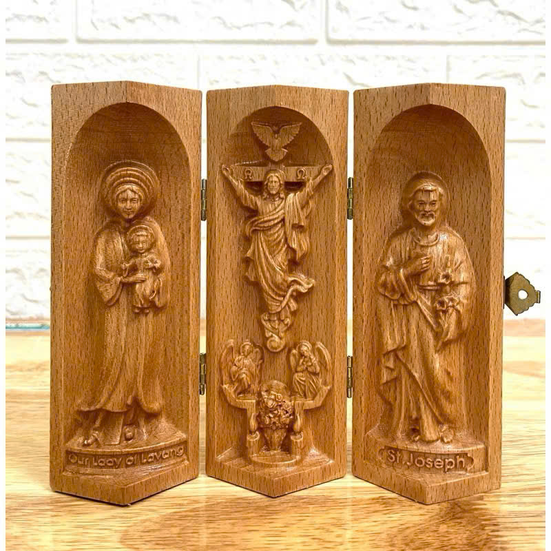 Bộ bàn thờ công giáo mini Đức mẹ La Vang - Chúa Phục Sinh - Thánh Giuse, cao 15cm, gỗ Beech