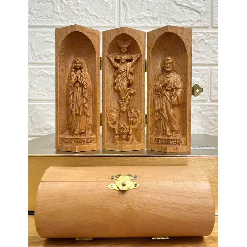 Bộ bàn thờ công giáo mini Đức mẹ Lộ Đức - Chúa Phục Sinh - Thánh Giuse, cao 15cm, gỗ Beech