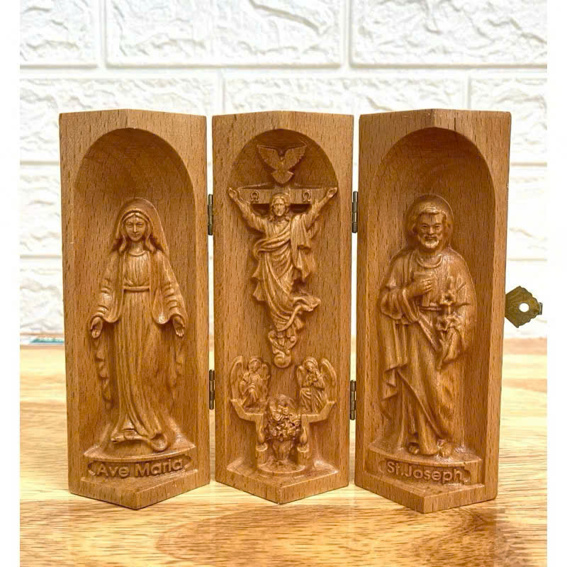Bộ bàn thờ công giáo mini Đức mẹ Ban Ơn - Chúa Phục Sinh - Thánh Giuse, cao 15cm, gỗ Beech