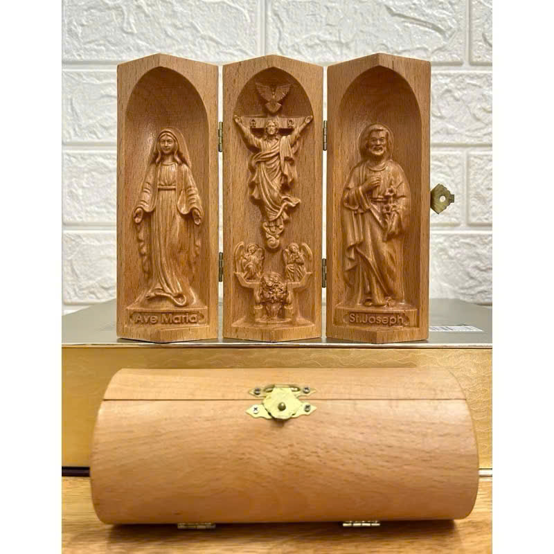 Bộ bàn thờ công giáo mini Đức mẹ Ban Ơn - Chúa Phục Sinh - Thánh Giuse, cao 15cm, gỗ Beech