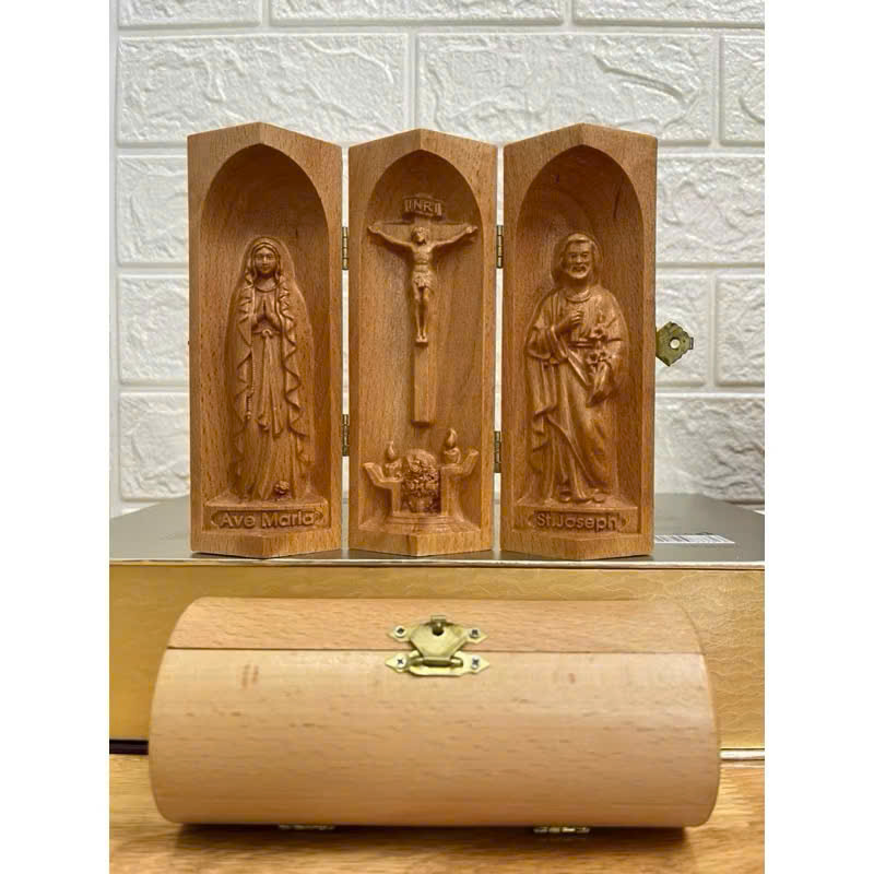 Bộ bàn thờ công giáo mini Đức mẹ Lộ Đức - Chúa Chịu Nạn -Thánh Giuse, cao 15cm, gỗ Beech