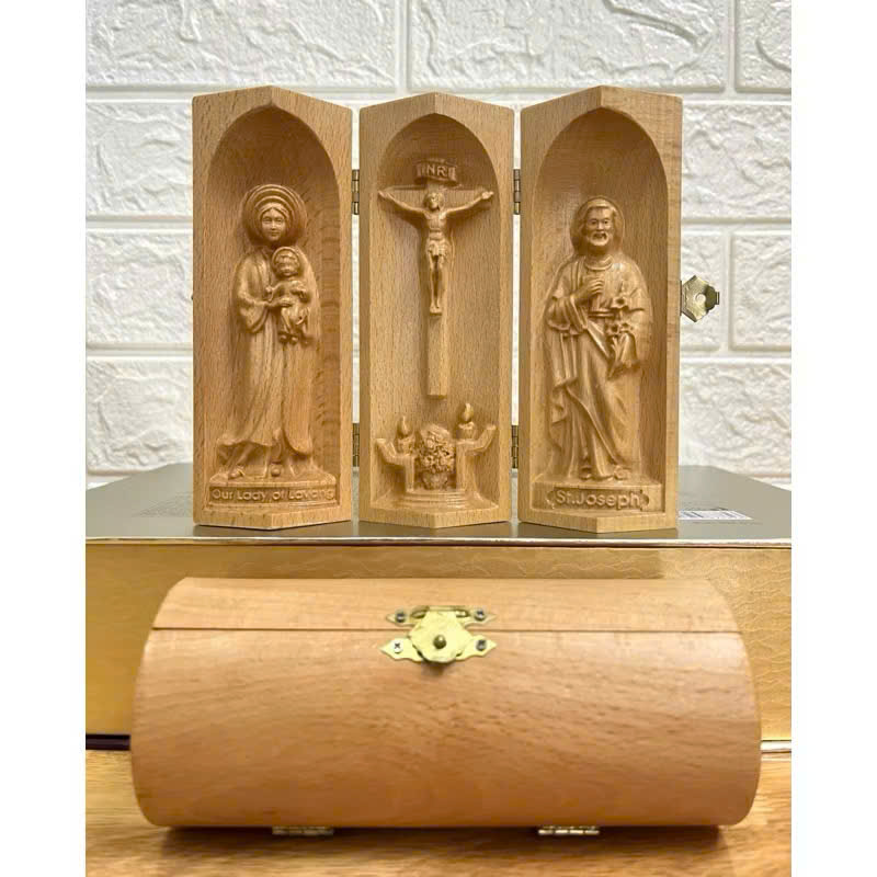 Bộ bàn thờ công giáo mini Đức mẹ La Vang - Chúa Chịu Nạn -Thánh Giuse, cao 15cm, gỗ Beech