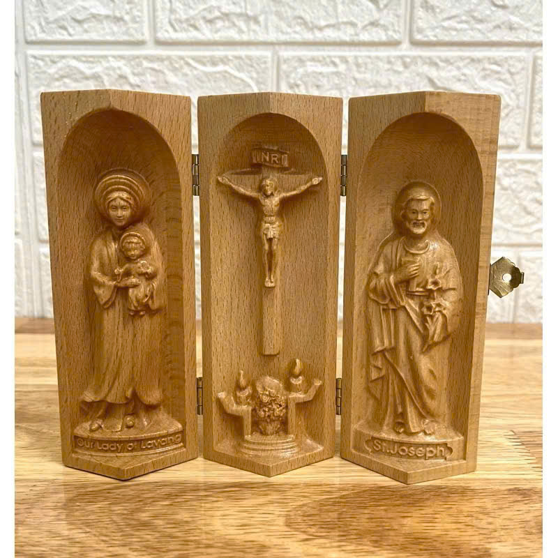 Bộ bàn thờ công giáo mini Đức mẹ La Vang - Chúa Chịu Nạn -Thánh Giuse, cao 15cm, gỗ Beech